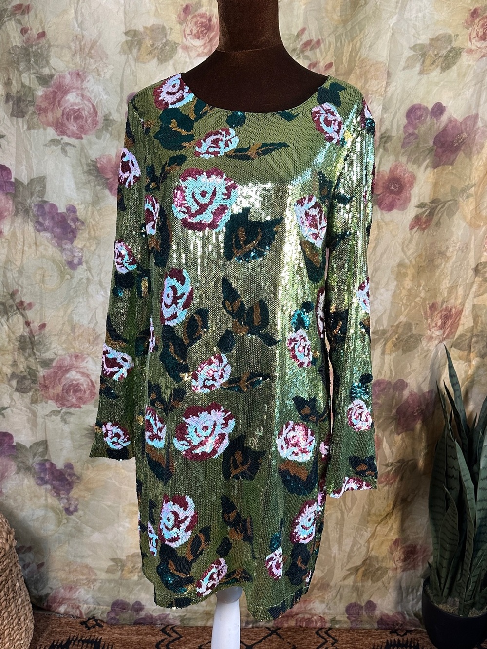 Olive Green Sequin Floral Long-Sleeve Shift Dress